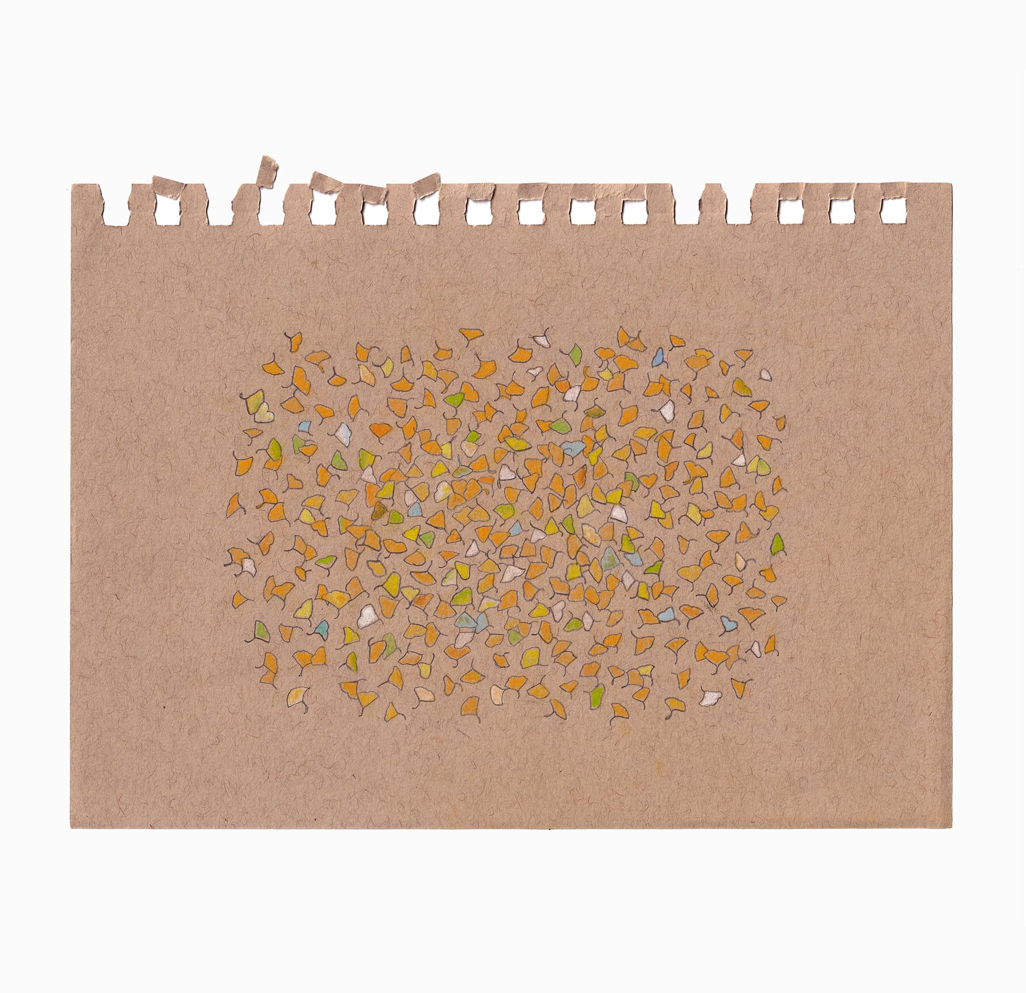 A dense cloud of colorful ginkgo leaves drawn on kraft paper