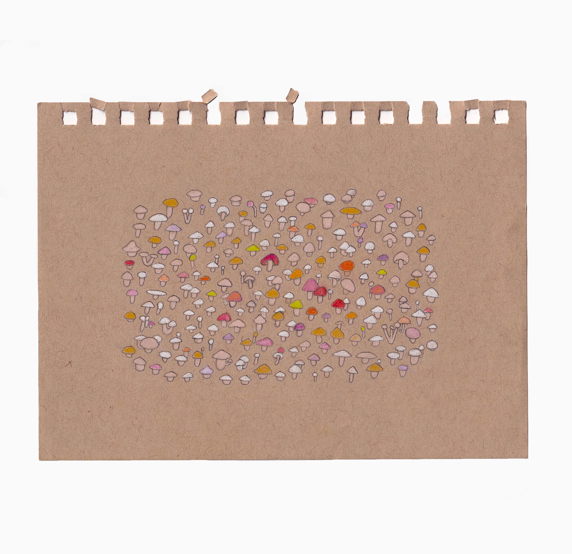 A field of tiny colorful mushrooms drawn on kraft paper