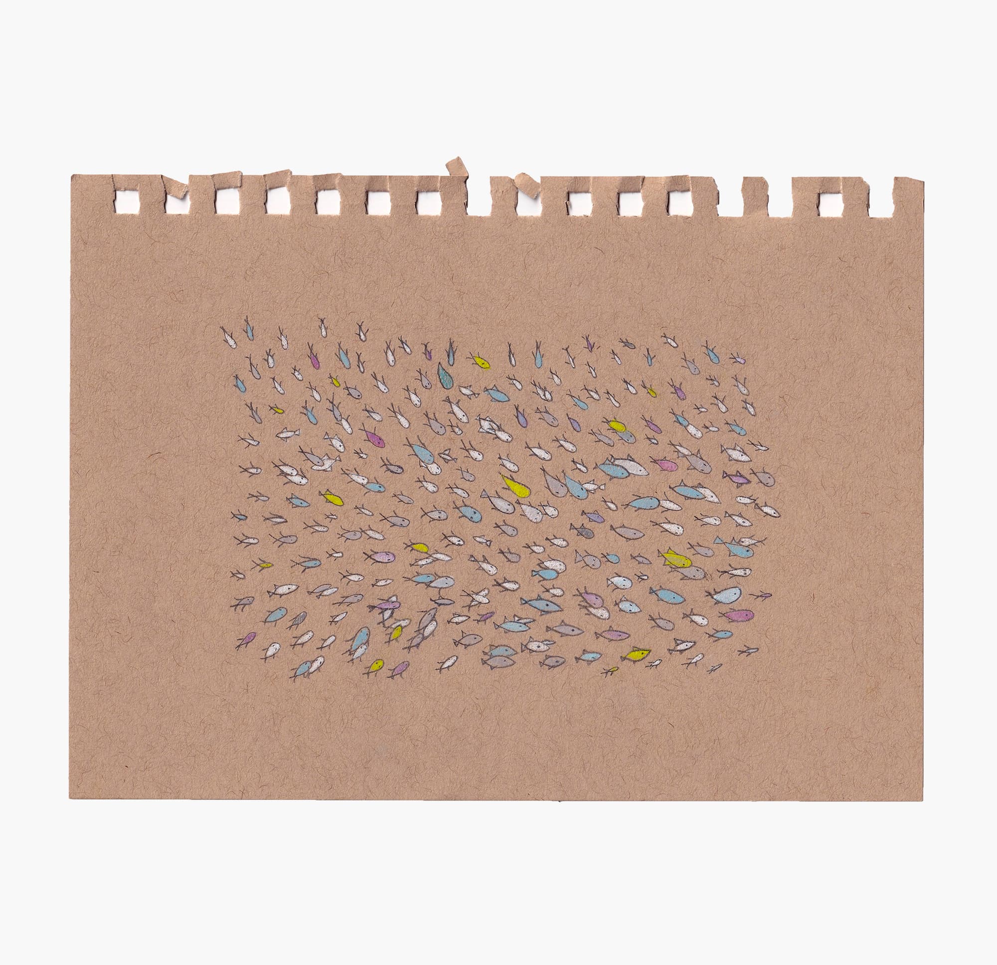 A school of tiny fish swimming together, drawn on kraft paper