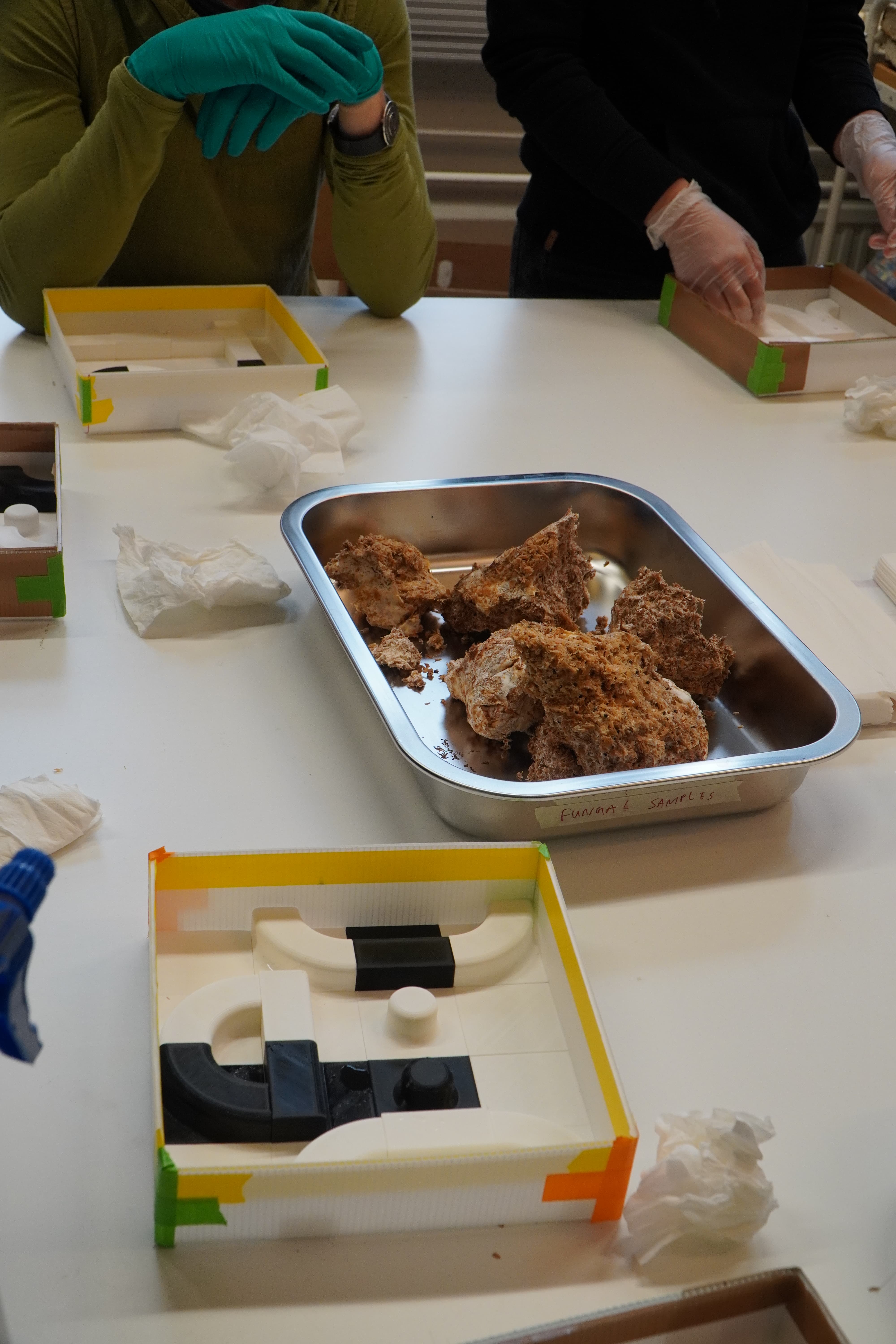 Mycelium chunks to be taken apart and packed into the moulds that each participant designed themselves