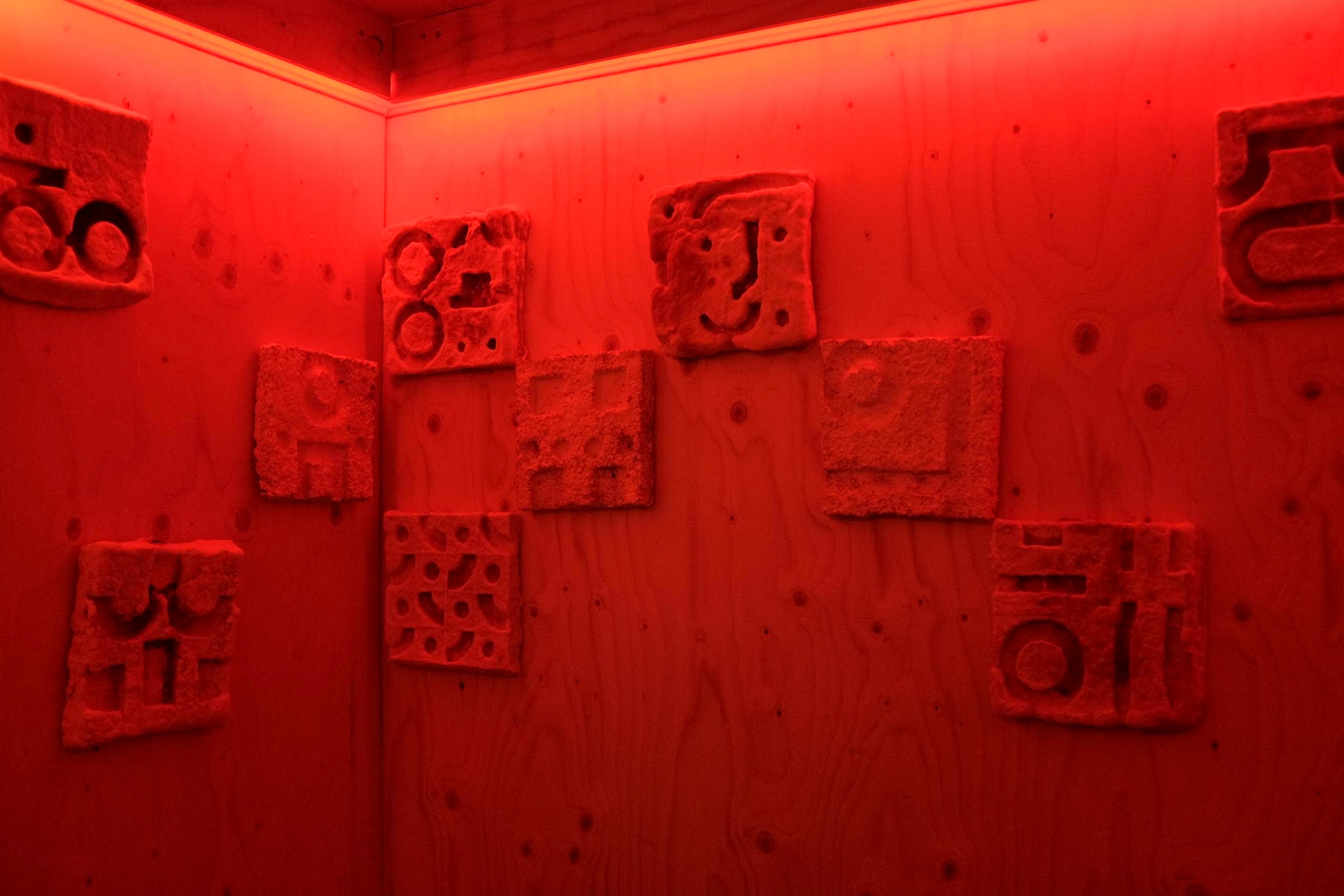 Mycelium panels are hung on the wall for soundproofing purposes.